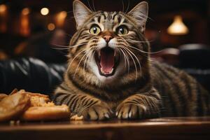 Happy cat biting a burger on a open concept living room. AI Generated photo