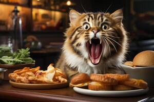 Happy cat biting a burger on a open concept living room. AI Generated photo