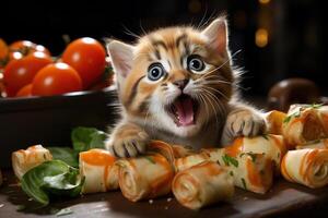 Happy cat biting a burger on a open concept living room. photo