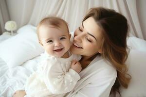 Happy cheerful family. Mother and baby kissing, laughing and hugging . AI Generated photo