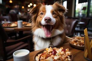 contento perro mordiendo un hamburguesa en un abierto concepto vivo habitación. ai generado foto