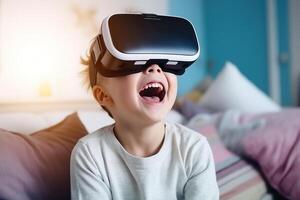Kid interact using virtual reality headset to interact with the imaginary world. photo