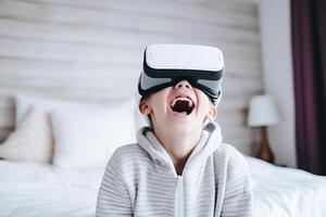 Kid interact using virtual reality headset to interact with the imaginary world. photo
