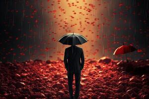 Market turbulence and financial crisis security concept as a volatile stock market with price volatility as a businessman holding an umbrella as a business symbol for wealth management. photo