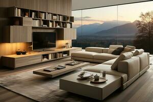 moderno vivo habitación profesionalmente diseñado. abierto concepto. minimalista ai generado foto
