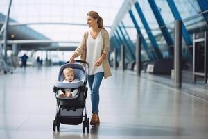 madre que lleva su infantil bebé chico niño, emprendedor paseante a aeropuerto salida terminal Moviente a embarque puertas a tablero un avión. familia viaje con bebé concepto. ai generado foto