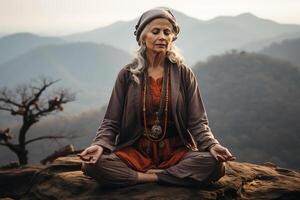 Senior woman doing yoga in top of a mountain. photo