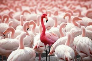 Standing out from the crowd , pink flamingo standing between man white birds. AI Generated photo