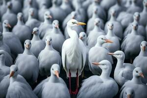 en pie fuera desde el multitud , blanco pájaro en pie Entre hombre gris aves. ai generado foto