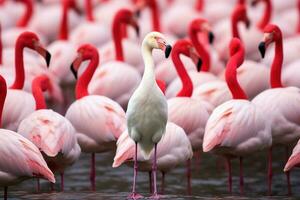 Standing out from the crowd , pink flamingo standing between man white birds. AI Generated photo