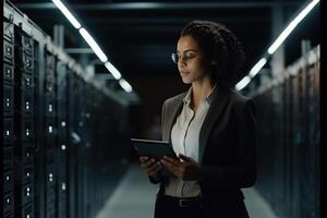 Successful Female Data Center IT Specialist Using Tablet Computer. photo
