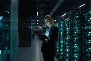 Successful Female Data Center IT Specialist Using Tablet Computer. photo