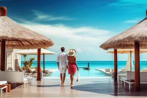 Vacation, couple on the beach near swimming pool, luxury travel. AI Generated photo