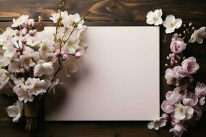 A lay flat wedding style over a white board with a blank paper note. AI Generated photo