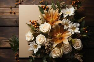 A lay flat wedding style over a white board with a blank paper note. photo