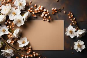 A lay flat wedding style over a white board with a blank paper note. photo