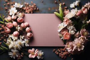 A lay flat wedding style over a white board with a blank paper note. photo