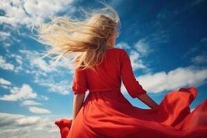 Woman Red Flying Dress. A blonde in a red dress against the sky.. AI Generated photo