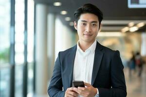 Young happy smiling professional Asian Japanese business man manager executive holding smartphone. AI Generated photo