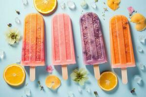 4 popsicles made with pink lemonade orange slices. AI Generated photo