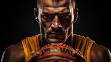 un baloncesto jugador con su manos en el pelota, en el estilo de softbox Encendiendo, oscuro amarillo y oscuro marrón. ai generado foto