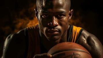 un baloncesto jugador con su manos en el pelota, en el estilo de softbox Encendiendo, oscuro amarillo y oscuro marrón. ai generado foto