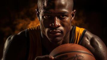 un baloncesto jugador con su manos en el pelota, en el estilo de softbox Encendiendo, oscuro amarillo y oscuro marrón. ai generado foto