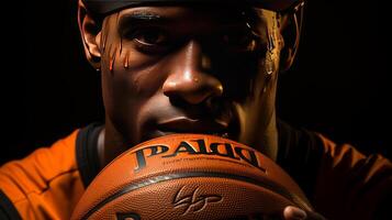 un baloncesto jugador con su manos en el pelota, en el estilo de softbox Encendiendo, oscuro amarillo y oscuro marrón. ai generado foto