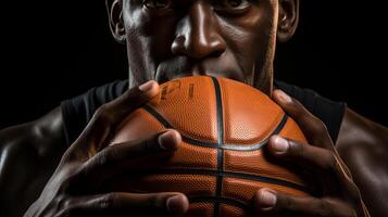 A basketball player with his hands on the ball, in the style of softbox lighting, dark yellow and dark brown. photo