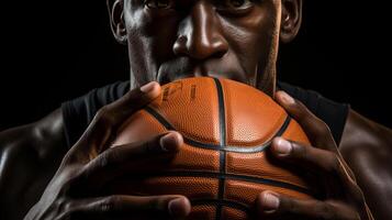 A basketball player with his hands on the ball, in the style of softbox lighting, dark yellow and dark brown. AI Generated photo