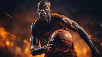 A basketball player with his hands on the ball, in the style of softbox lighting, dark yellow and dark brown. photo