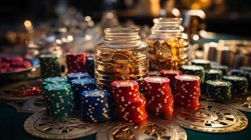 A casino table with poker chips. AI Generated photo