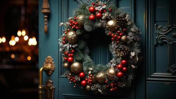 A Christmas wreath is hanging on a door. photo