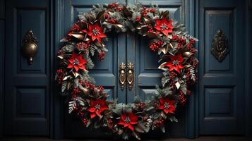 A Christmas wreath is hanging on a door. photo