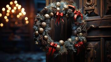 A Christmas wreath is hanging on a door. photo