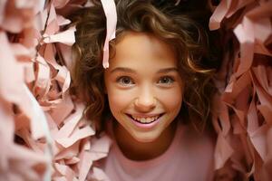 un linda niña atascado en un agujero dentro un rosado antecedentes. ai generado foto