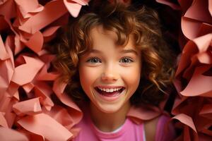 un linda niña atascado en un agujero dentro un rosado antecedentes. ai generado foto