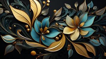 A gold and black art deco pattern, in the style of organic and naturalistic compositions. photo
