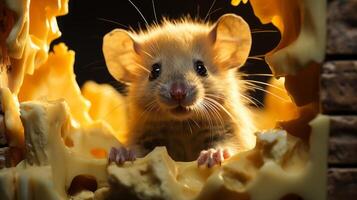 A mouse is looking through a hole in cheese, in the style of hyperrealist illustrations. AI Generated photo