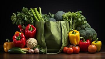 A paper bag full of vegetables, fruits, nuts, and other vegetables, in the style of minimalistic composition. photo