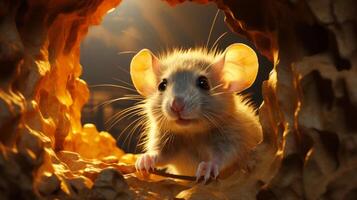 A mouse is looking through a hole in cheese, in the style of hyperrealist illustrations. AI Generated photo