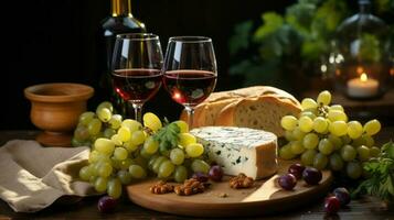 un picnic con vino queso y uvas en un frazada. ai generado foto