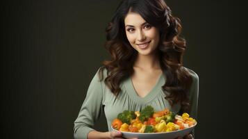 A pregnant woman holding up a bowl of vegetables. photo