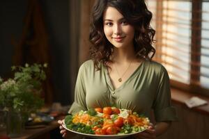 A pregnant woman holding up a bowl of vegetables. photo