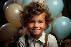A small happy boy holding up a birthday cake to the camera. photo