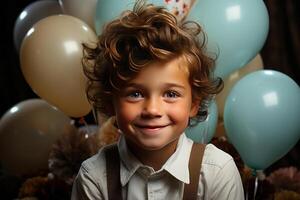 A small happy boy holding up a birthday cake to the camera. AI Generated photo