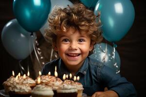 un pequeño contento chico participación arriba un cumpleaños pastel a el cámara. ai generado foto