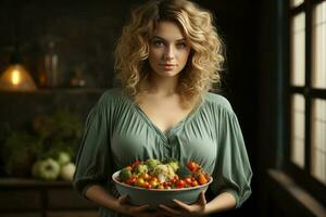 un embarazada mujer participación arriba un cuenco de vegetales. ai generado foto