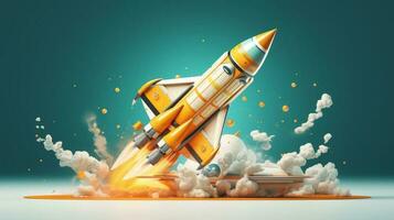 A rocket ship flying above a laptop with a rocket launcher. AI Generated photo