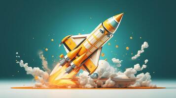 A rocket ship flying above a laptop with a rocket launcher. photo